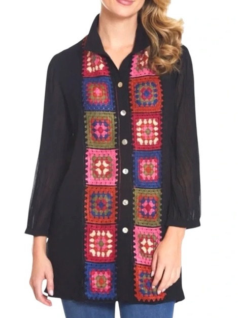 John Mark Crochet Granny Square Patchwork Button Front Tunic Top Black Blouse S